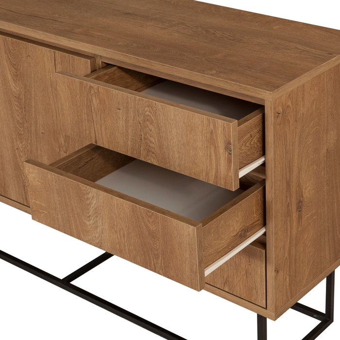 Hanah Home Consola Moderna-Industrial Nogal y Negro, Mueble con 3 Cajones y Estantes, Tablero Melamina 18mm, Patas Metálicas, Ancho 140cm Alto 72cm Fondo 36cm